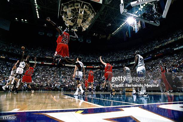 Michael Jordan of the Chicago Bulls in celebration after winning the Finals against the Utah Jazz for the Bulls sixth NBA title, 87-86 at the Delta...
