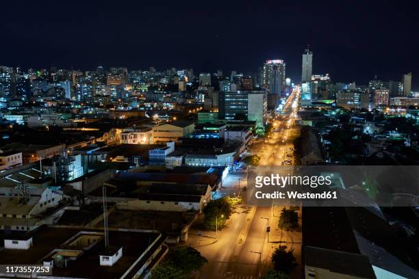 drone night view of baixa neighborhood, maputo, mozambique - maputo stock pictures, royalty-free photos & images