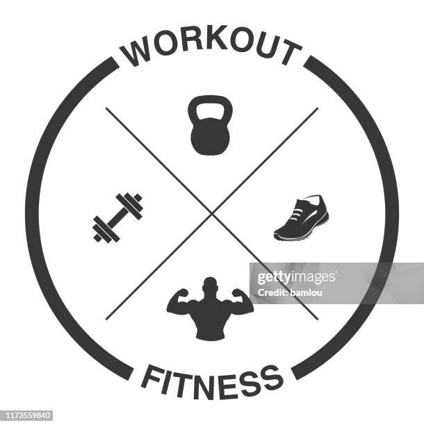 ilustraciones, imágenes clip art, dibujos animados e iconos de stock de dumbells cruzados, kettlebell, zapatos y músculos con entrenamiento de eslogan y fitness - weight