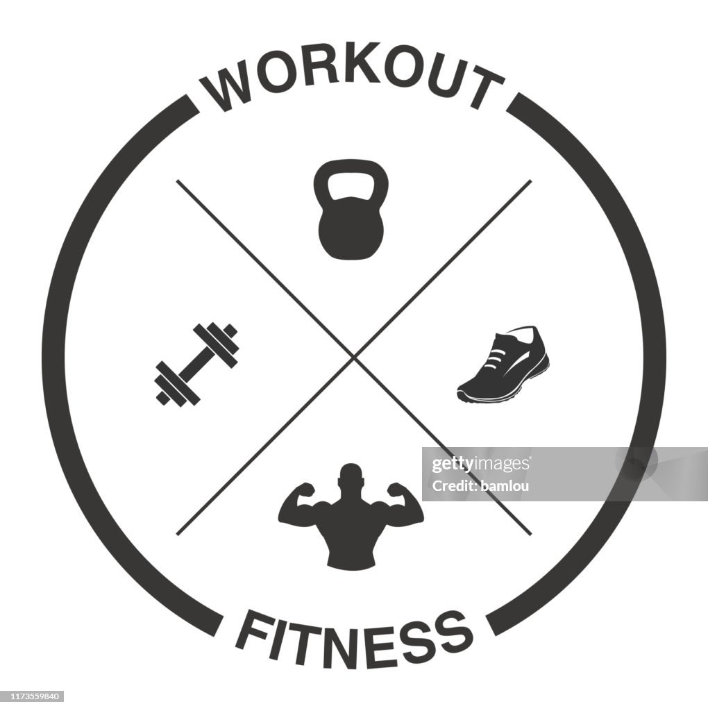 Crossed Dumbells, Kettlebell, Shoe and Muscles with Tagline Workout and Fitness