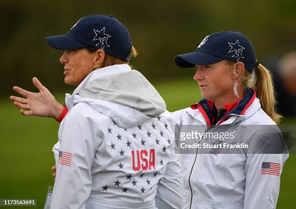 Juli Inkster, Captain of Team USA with Stacy Lewis during a practice round prior to the start of The Solheim Cup at Gleneagles on September 10, 2019...