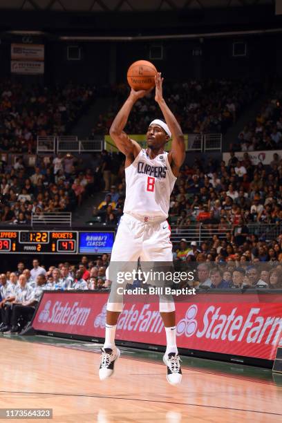 Maurice Harkless of the LA Clippers shoots a three point basket during the game against the Houston Rockets on October 3, 2019 at the Stan Sheriff...