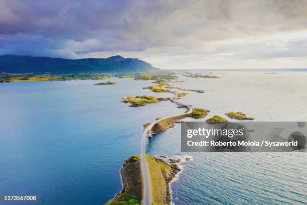 aerial view of storseisundet bridge, norway - nord europeo foto e immagini stock