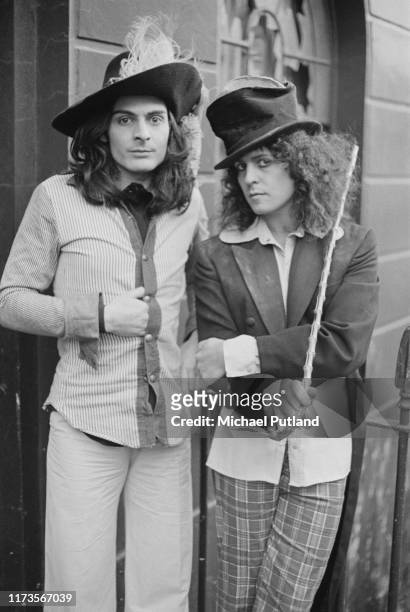 Percussionist Mickey Finn and singer Marc Bolan of British glam rock group T Rex posed outside a terraced house in London on 20th November 1972.