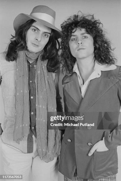 Percussionist Mickey Finn and singer Marc Bolan of British glam rock group T Rex posed on 20th November 1972.