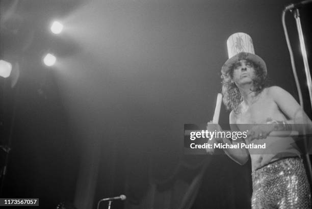 American rock singer Alice Cooper performs live on stage at Green's Playhouse in Glasgow, Scotland on 10th November 1972.