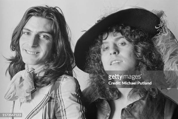 Percussionist Mickey Finn and singer Marc Bolan of British glam rock group T Rex posed together in London on 20th November 1972.