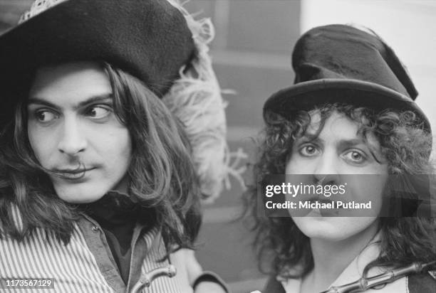 Percussionist Mickey Finn and singer Marc Bolan of British glam rock group T Rex posed outside a terraced house in London on 20th November 1972.