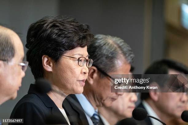 October 4: Hong Kong Chief Executive Carrie Lam speaks during a press conference at the Central Government Complex on October 4, 2019 in Hong Kong,...