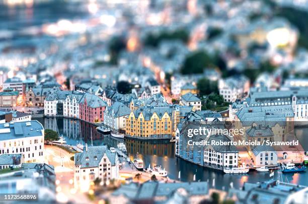 tilt-shift of art nouveau buildings, alesund, norway - canal disney stock pictures, royalty-free photos & images