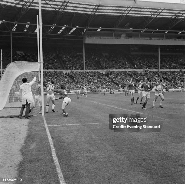 Players in action during a Gaelic football match, Mayo GAA against Offaly GAA, at Wembley, London, UK, 23rd May 1970.