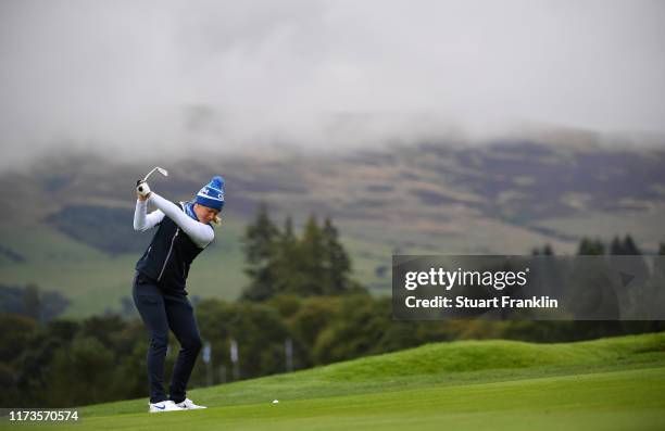 Suzann Pettersen of Team Europe in actionduring a practice round prior to the start of The Solheim Cup at Gleneagles on September 10, 2019 in...