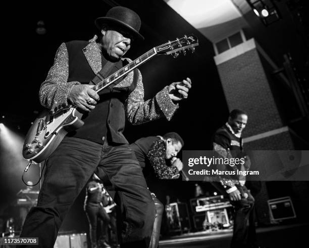 Tito Jackson, Marlon Jackson, and Jackie Jackson of the Jacksons perform on stage at Wolf Creek Amphitheater on September 07, 2019 in Atlanta,...