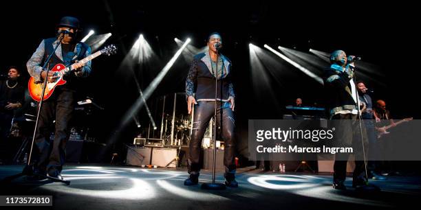 Tito Jackson, Marlon Jackson, and Jackie Jackson of the Jacksons perform on stage at Wolf Creek Amphitheater on September 07, 2019 in Atlanta,...
