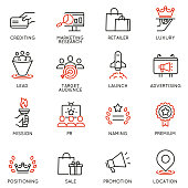 Vector set of linear icons related to business management process, advertising promotion and marketing. Mono line pictograms and infographics design elements