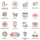 Vector set of linear icons related to business management process, advertising promotion and marketing. Mono line pictograms and infographics design elements - part 8