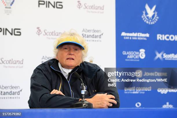 Team Europe Vice Captain Laura Davies speaks to the media during a press conference during practice day 2 for The Solheim Cup at Gleneagles on...