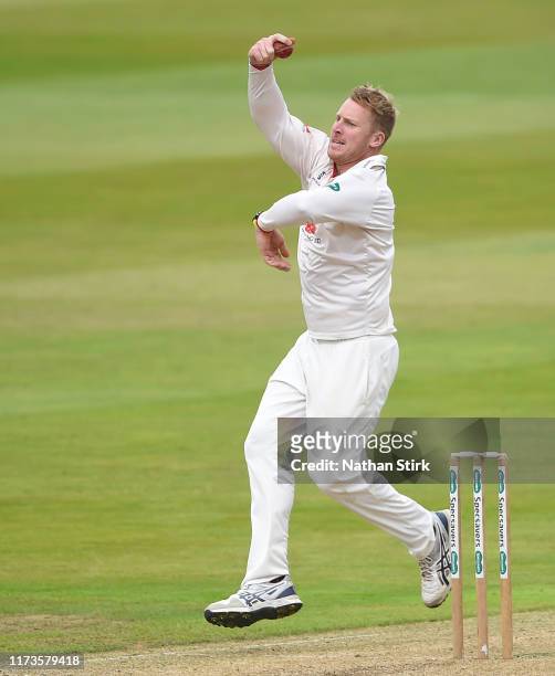Simon Harmer of Essex runs into bowl during the Specsavers County Championship match between Warwickshire and Essex at Edgbaston on September 10,...