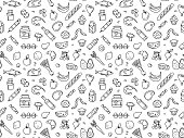 Seamless pattern supermarket grocery store food, drinks, vegetables, fruits, fish, meat, dairy, sweets
