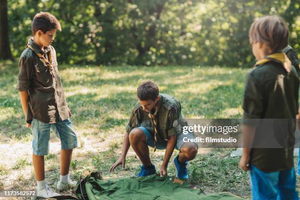 一群童子軍搭建帳篷 - boy scout camp 個照片及圖片檔