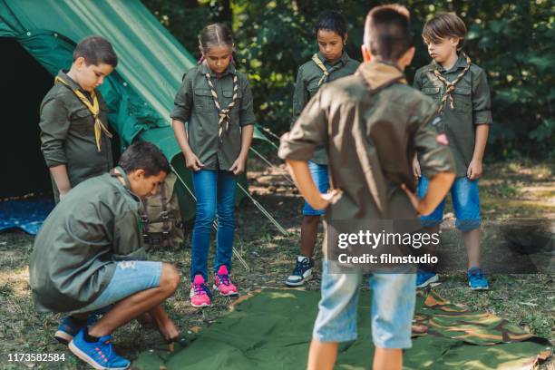 group of scouts building a tent - boy scout stock pictures, royalty-free photos & images