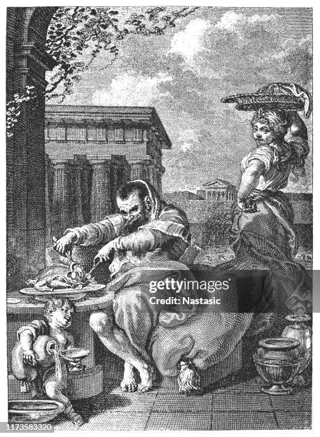 wieland, christoph martin, 5.9.1733 - 20.1.1813, german author / writer, poet, work, "die abderiten" (1774), scene, copper engraving by f. m. schmunzer, after drawing by h. ramberg, published in 1796 - woman serving dinner stock illustrations