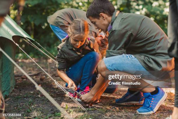 groep scouts die een tent bouwen - boy scout camp stockfoto's en -beelden