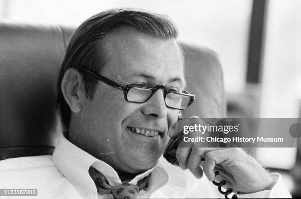 Donald Rumsfeld, Chief Executive Officer of GD Searle and Company, sits in his office, Chicago, Illinois, August 22, 1978. The pharmaceutical company...