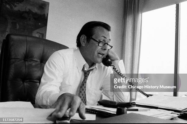 Donald Rumsfeld, Chief Executive Officer of GD Searle and Company, sits in his office, Chicago, Illinois, August 22, 1978. The pharmaceutical company...