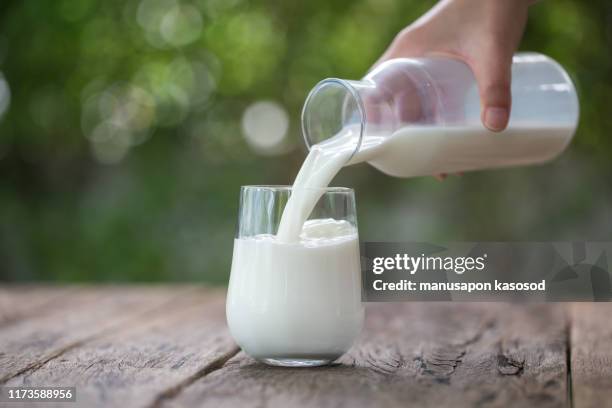 pouring milk in the glass on the background of nature - milk plant stockfoto's en -beelden