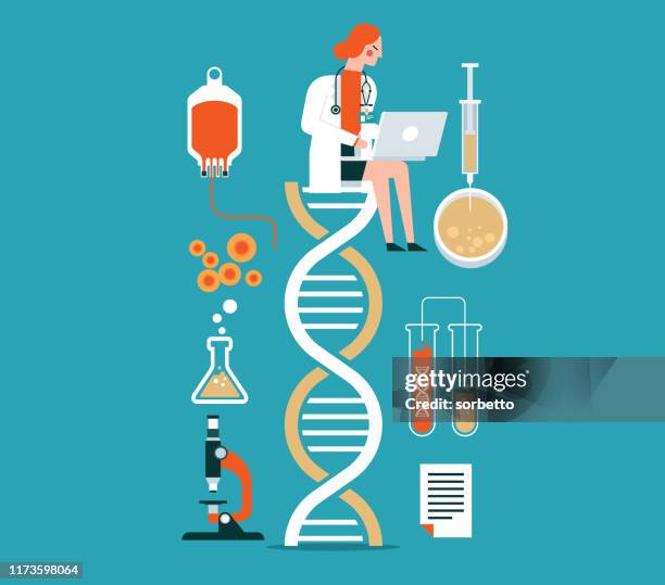 ilustrações de stock, clip art, desenhos animados e ícones de biotechnology - female doctor - investigação genética