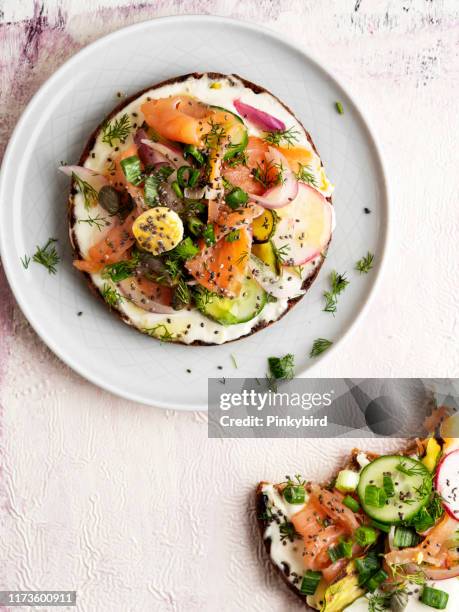 tartines, bread with cream cheese and vegetable, bruschetta and small sandwiches,bread with smoked salmon and vegetable
sandwich,tapas, - crostini imagens e fotografias de stock