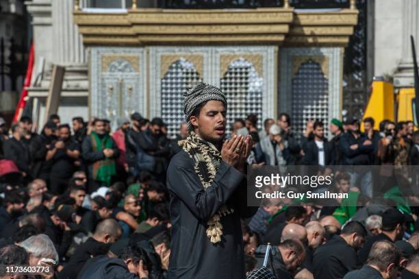 Prayers are led at Marble Arch by an Imam to mark Ashura at Hyde Park on September 10, 2019 in London, England. Ashura is the mourning event to mark...