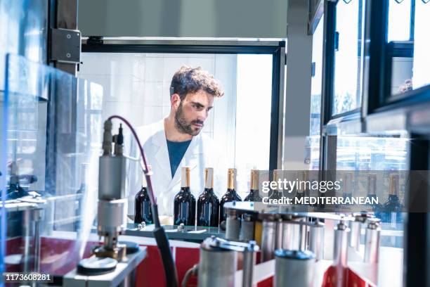 wine cellar bottling machine in winery - label printer stock pictures, royalty-free photos & images