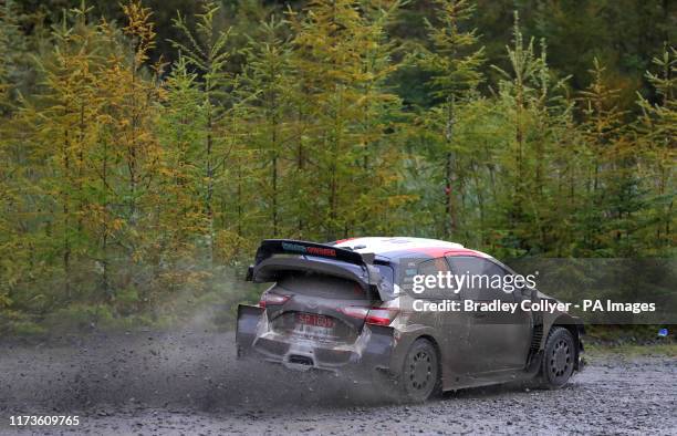 Finland's Jari-Matti Latvala and Miikka Anttila in the Toyota Yaris WRC during day two of the Wales Rally GB.