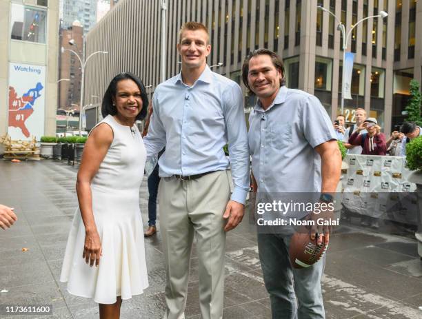 Condoleeza Rice, Johnny Damon and Rob Gronkowski visit "FOX & Friends" at Fox News Channel Studios on September 10, 2019 in New York City.