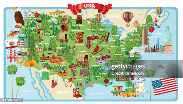 cartoon map of usa - wyoming v iowa stock illustrations