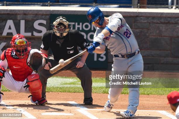 Pete Alonso of the New York Mets takes a swing during a baseball game against the Washington Nationals at Nationals Park on September 5, 2019 in...