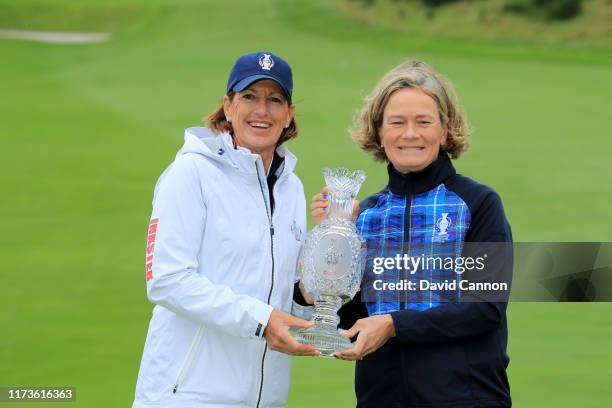 Juli Inkster the captain of the United States team poses with the European Team captain Catriona Matthew during the official photocall for the 2019...