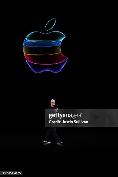 Apple CEO Tim Cook delivers the keynote address during an Apple special event on September 10, 2019 in Cupertino, California. Apple is unveiling new...