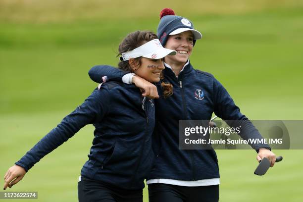 Sadie Englemann and Rachel Heck of Team USA celebrate after winning the hole during the PING Junior Solheim Cup during practice day 2 for The Solheim...