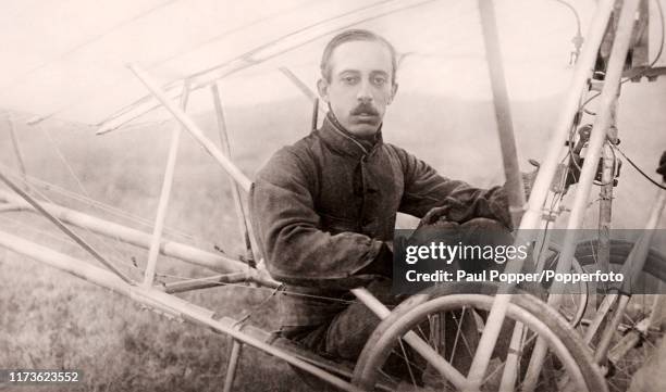 Vintage French postcard featuring Alberto Santos-Dumont, the Brazilian aviation pioneer, at the controls of his monoplane, La Demoiselle, published...