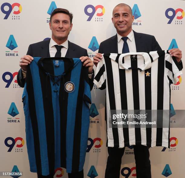 Internazionale former player Javier Zanetti and Juventus former player David Trezeguet pose during the Lega Serie A Press Conference on October 4,...