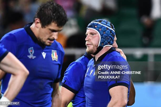 Italy's hooker Luca Bigi reacts after losing the Japan 2019 Rugby World Cup Pool B match between South Africa and Italy at the Shizuoka Stadium Ecopa...