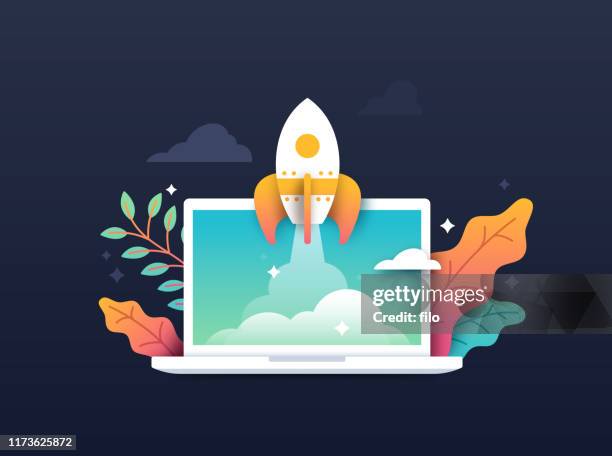 rocket taking off from computer laptop - rocket stock illustrations