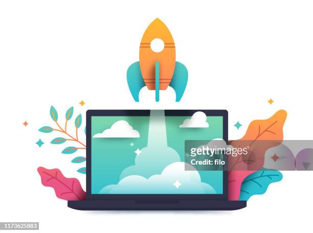 illustrazioni stock, clip art, cartoni animati e icone di tendenza di avvio del laptop rocket decollato - festa per il lancio pubblicitario