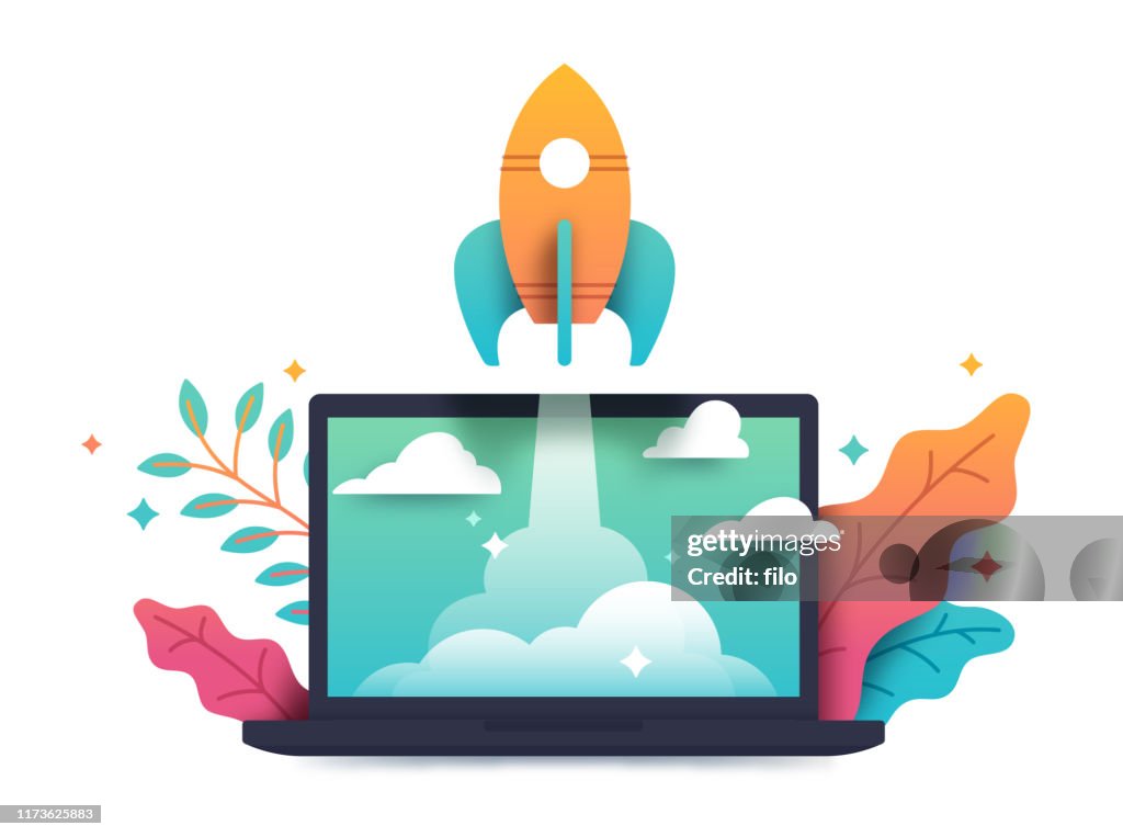 Startup Rocket Laptop Taking Off