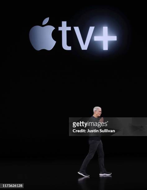 Apple CEO Tim Cook delivers the keynote address during a special event on September 10, 2019 in the Steve Jobs Theater on Apple's Cupertino,...