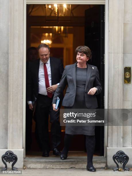 Arlene Foster, leader of the DUP and Nigel Dodds leave Downing Street following talks with UK Prime Minister, Boris Johnson on September 10, 2019 in...