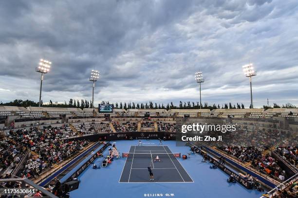 Lukasz Kubot of Poland and Marcelo Melo of Brazil return a shot during their Men's doubles Semifinal match of 2019 China Open against Karen Khachanov...